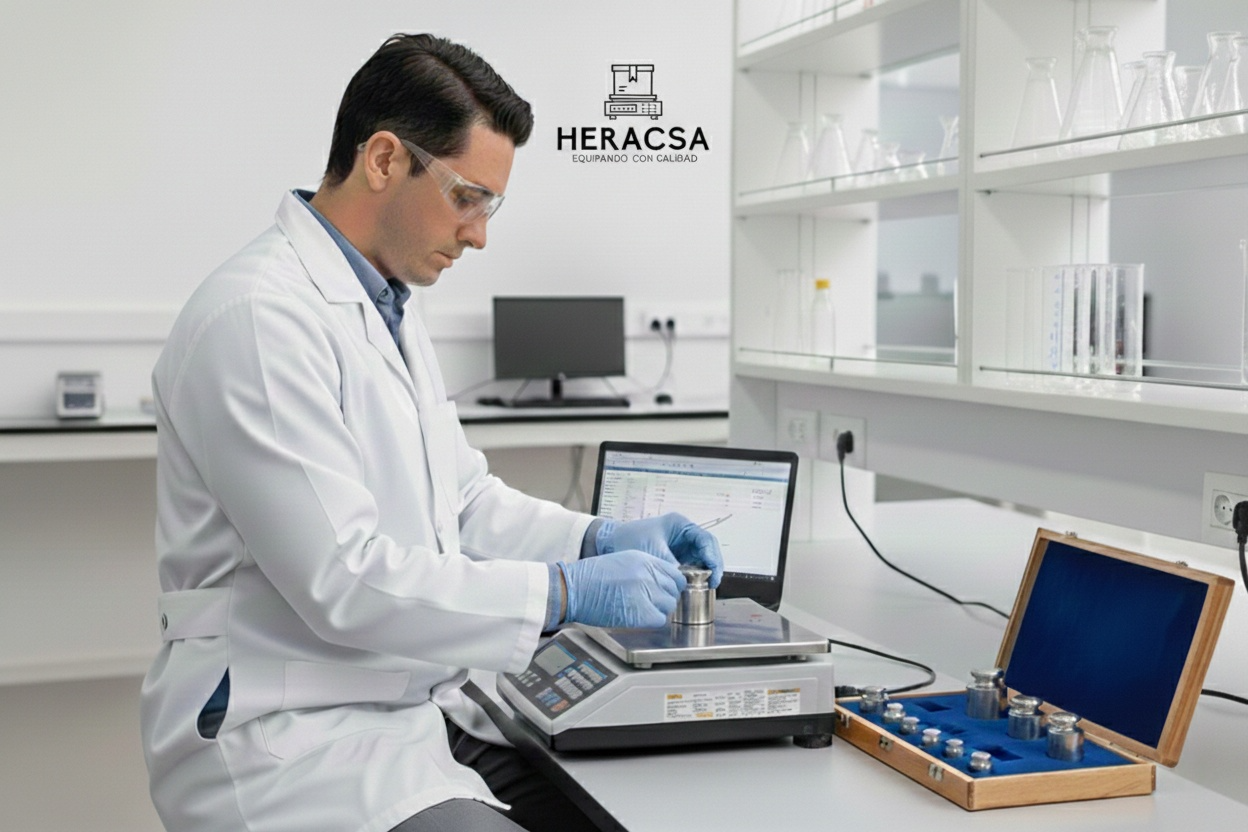 Técnico realizando calibración con pesas patrón